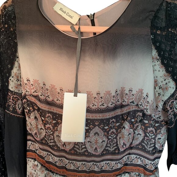Black Coral Italian Chiffon Paisley Floral Lace Sleeve Dress Size 38 Small NWT - Picture 9 of 14